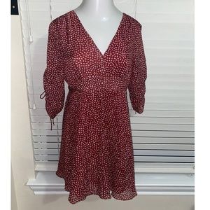 Madewell Burgundy V Neck Patterned Mini Dress with Tie Sleeves